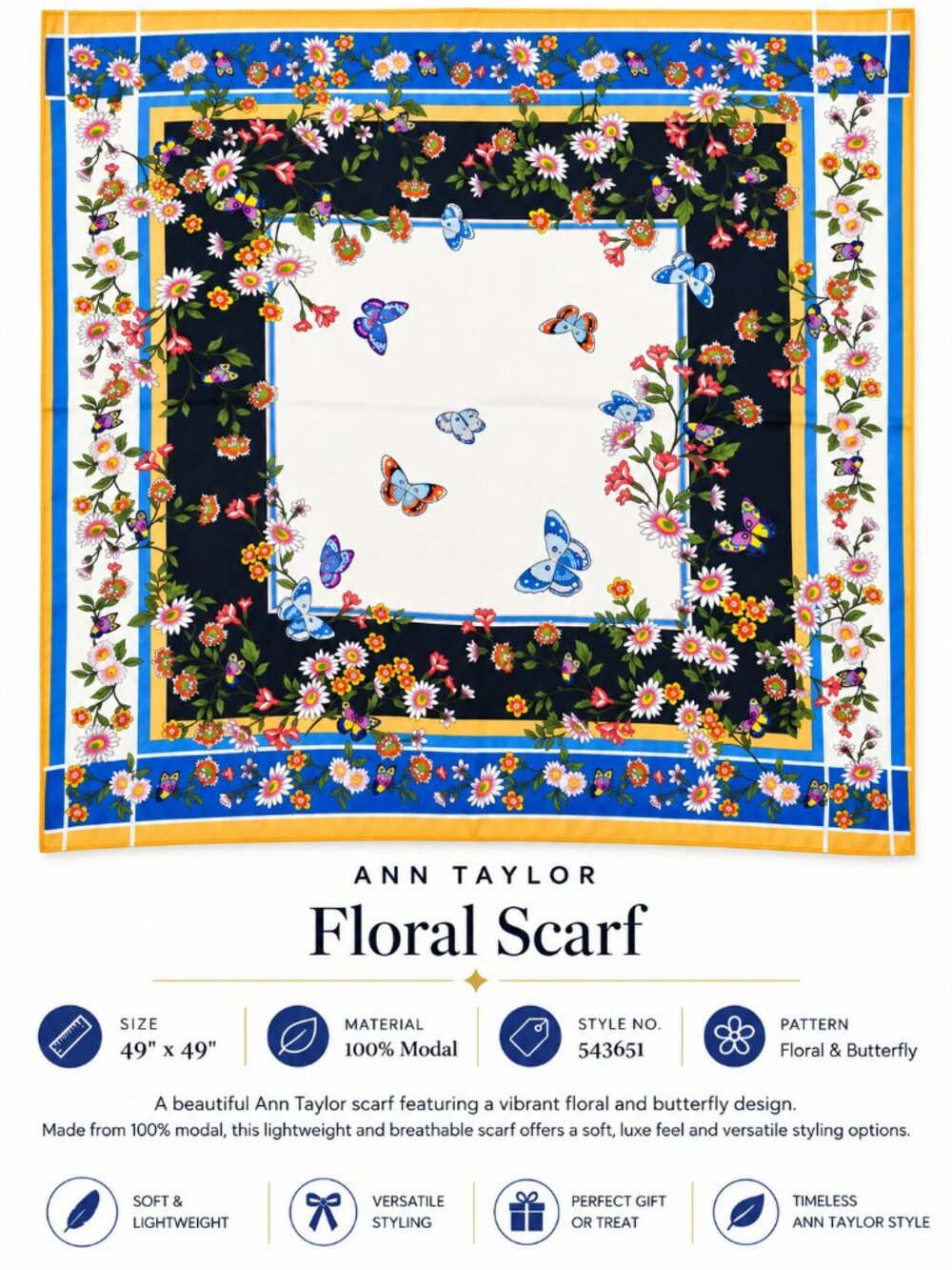 Ann Taylor Floral Modal Scarf 49x49 Large Square Lightweight NWT Style 543651 - Picture 3 of 6